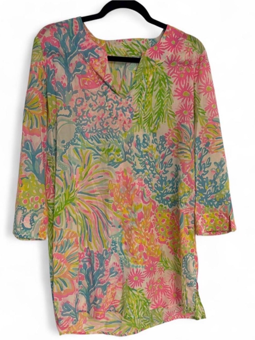 Lilly Pulitzer Pastel Floral Coral-Print V-Neck Tunic Dress
